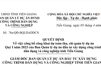 Quyết định về việc công bố công khai dự toán thu, chi quản lý dự án Quý I năm 2023 của Ban Quản lý dự án đầu tư xây dựng công trình dân dụng và công nghiệp tỉnh Tiền Giang